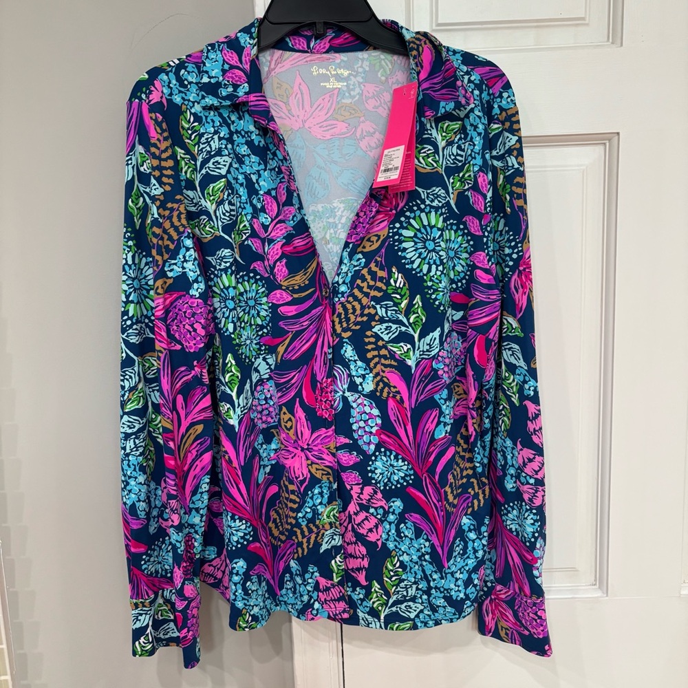 Lilly Pulitzer Navy Floral Button-Up Blouse - Pink & Blue Print